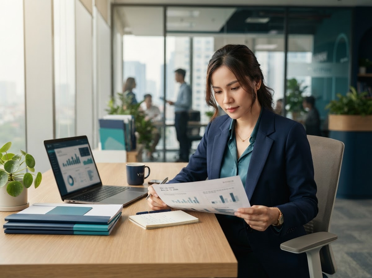 Chuyên gia người Việt xem lại hồ sơ tại bàn làm việc sạch