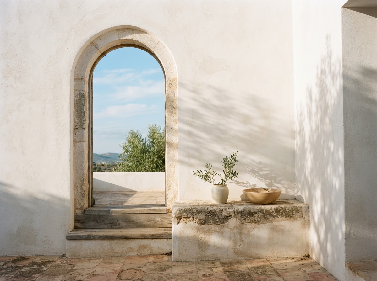 Rincón arquitectónico con arco iluminado y ramas de olivo