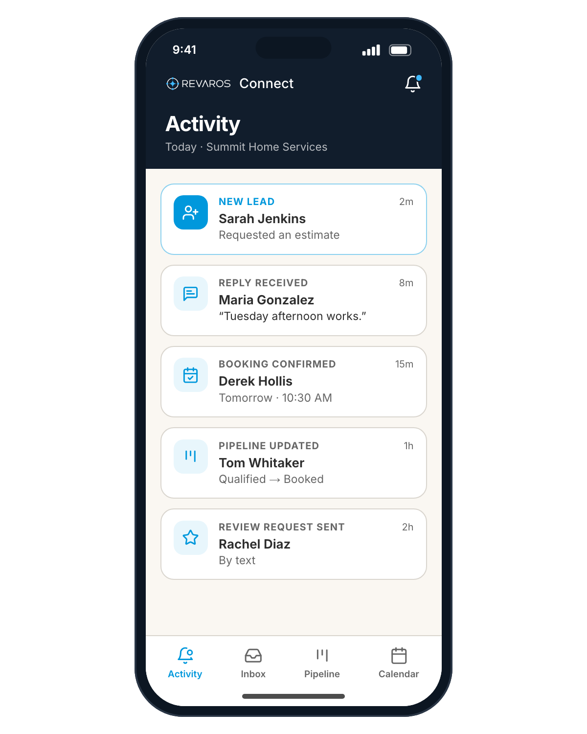 Revaros Connect mobile app showing live activity feed with new leads, replies, bookings, and pipeline updates