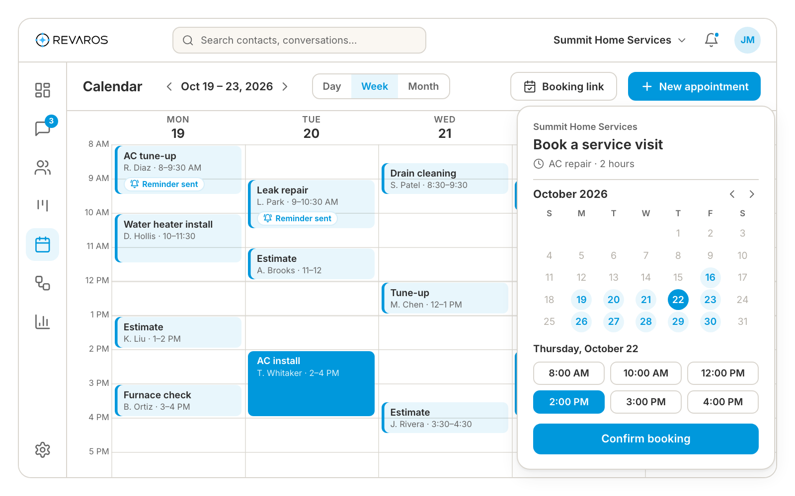 Revaros Connect booking calendar