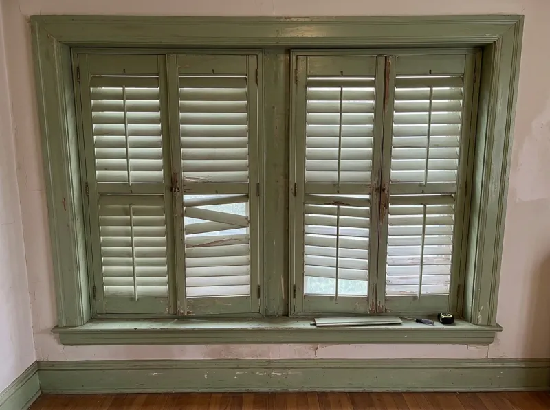 Damaged interior wooden window shutters with peeling green paint, missing pins, and broken louvers