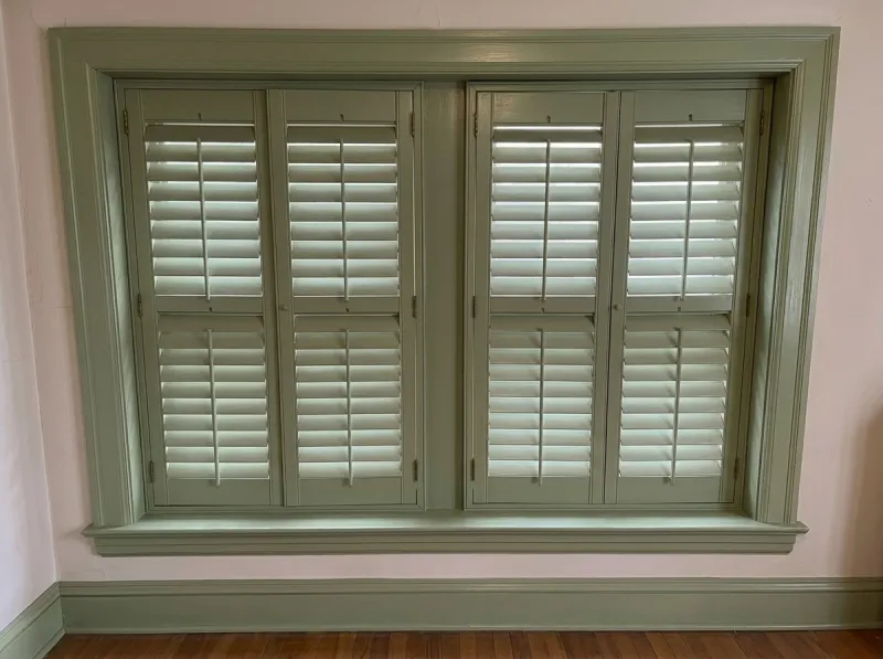 Restored interior wooden window shutters with smooth satin green finish and perfectly aligned louvers