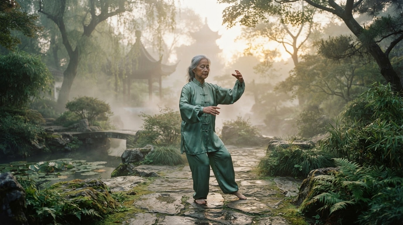 A person practising Yang style Tai Chi at dawn in a misty garden