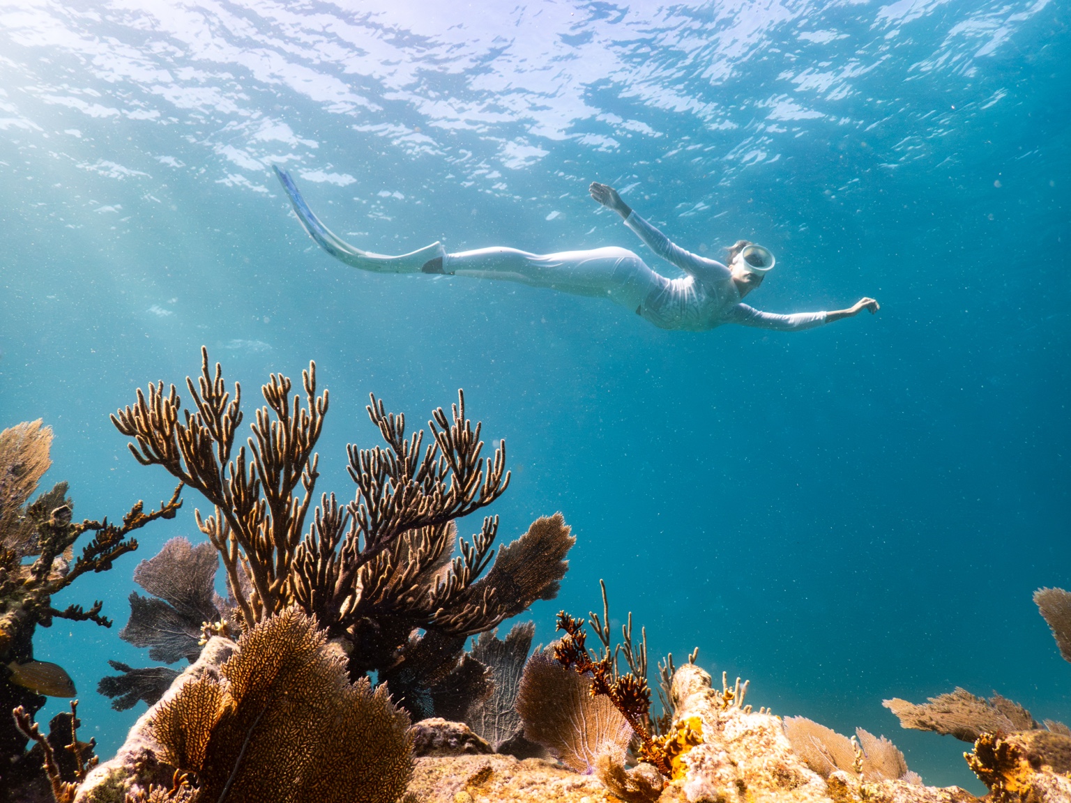 Kristina Makushenko dancing above a coral reef