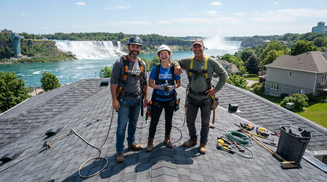 Class Eh! Roofing crew working carefully on a Niagara roof installation