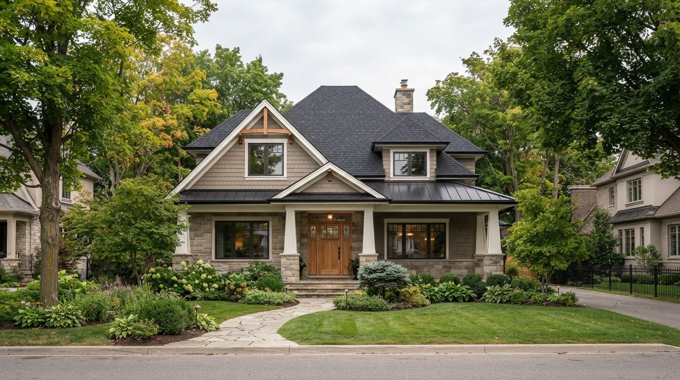 Niagara residential home with pristine dark architectural shingle roof by Class Eh! Roofing