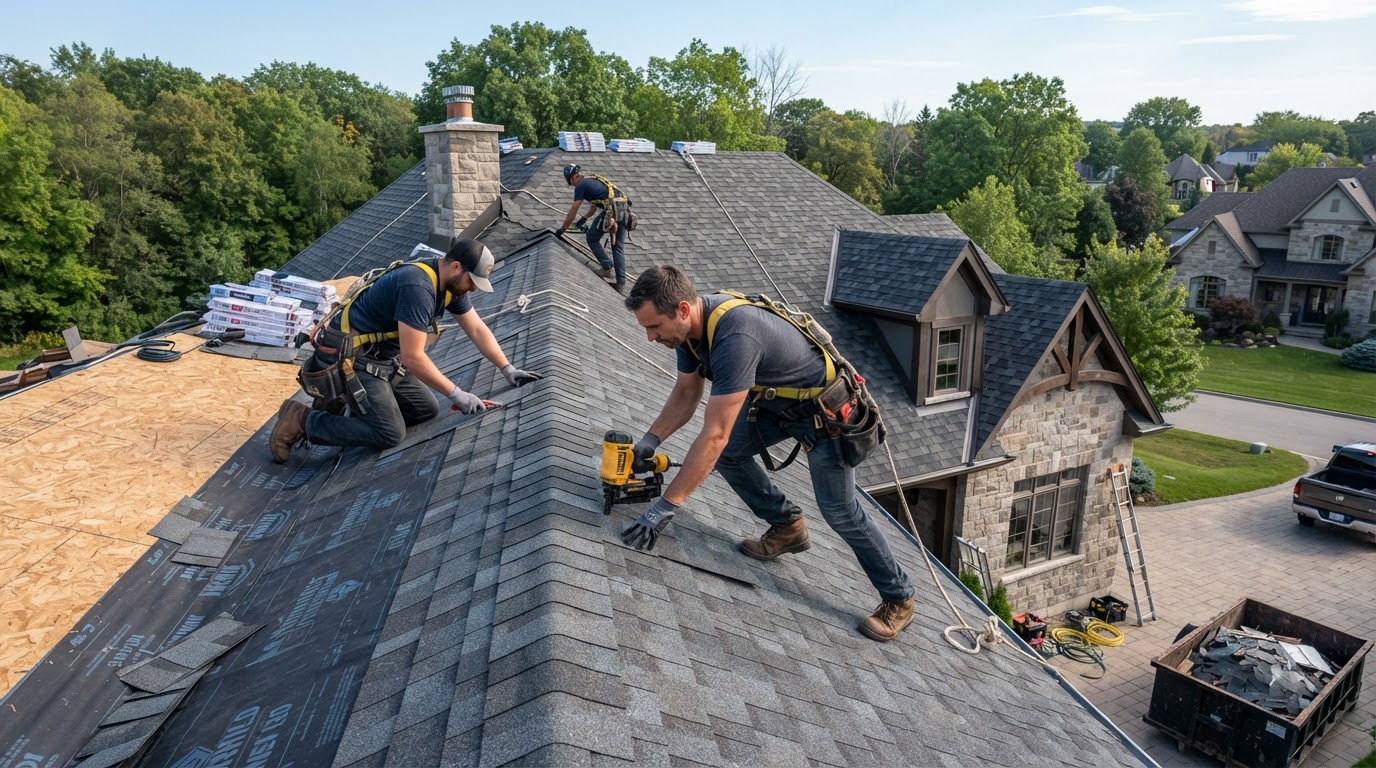 Class Eh! Roofing crew installing architectural shingles in Niagara