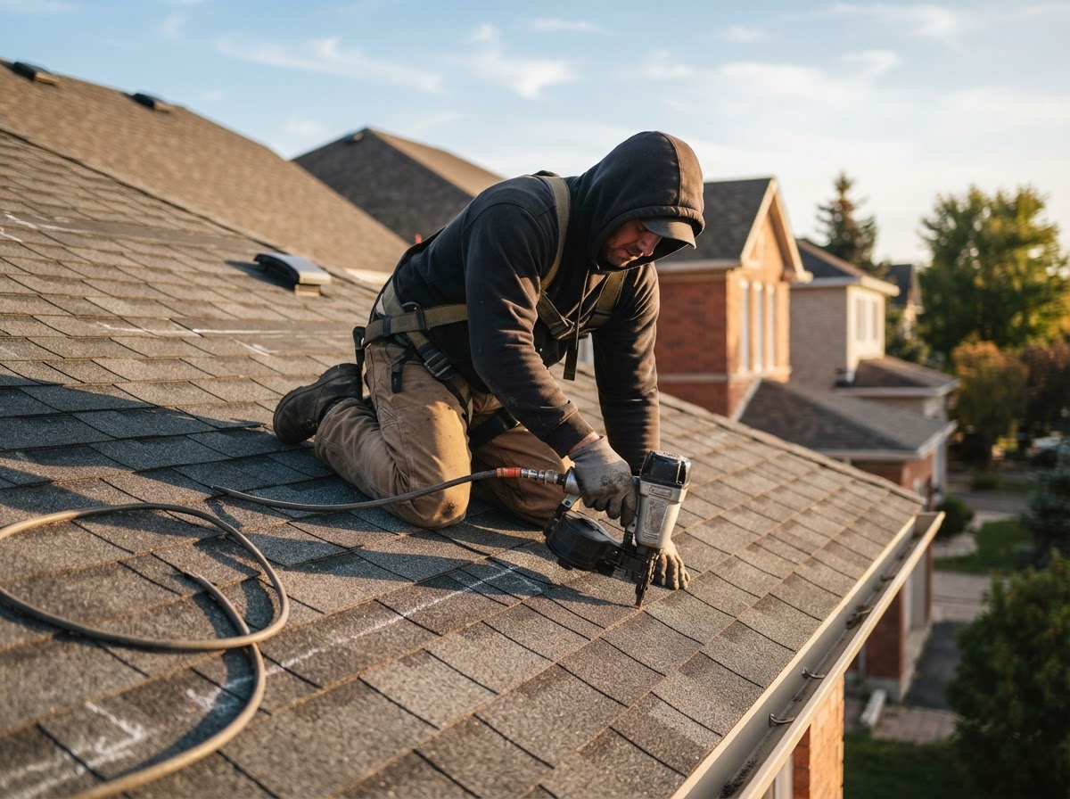 Class Eh! Roofing craftsman installing architectural shingles on a Niagara home