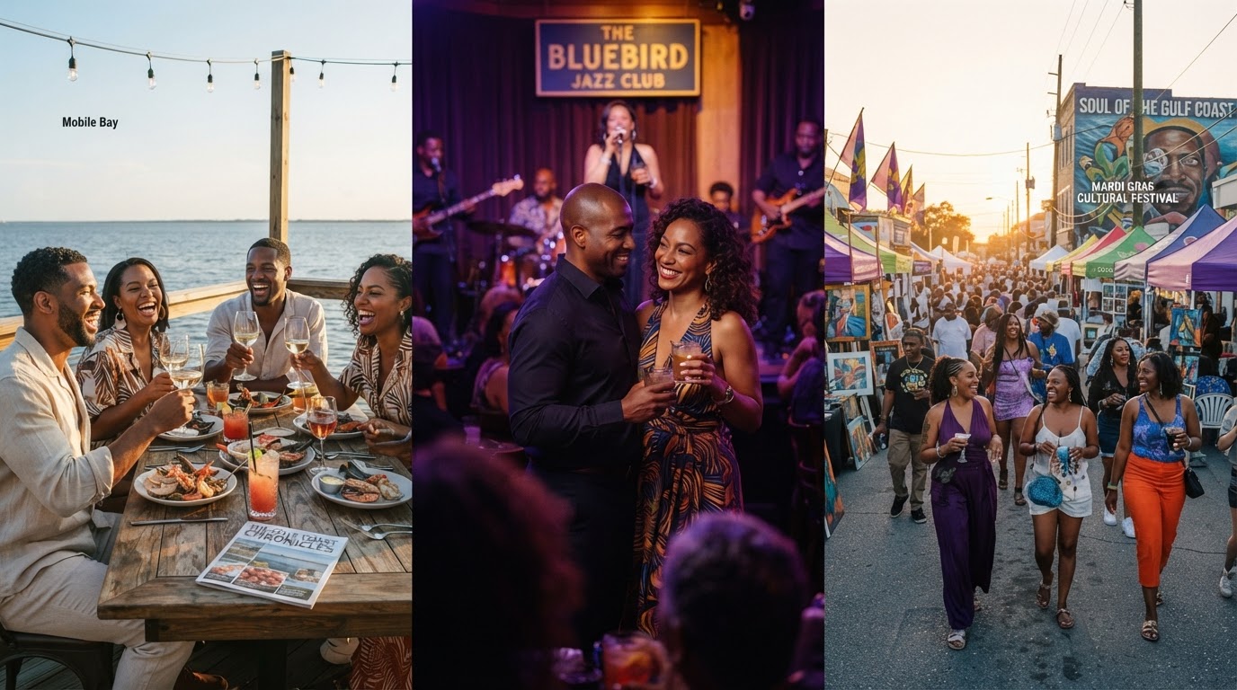 Black adults enjoying cultural experiences along the Gulf Coast