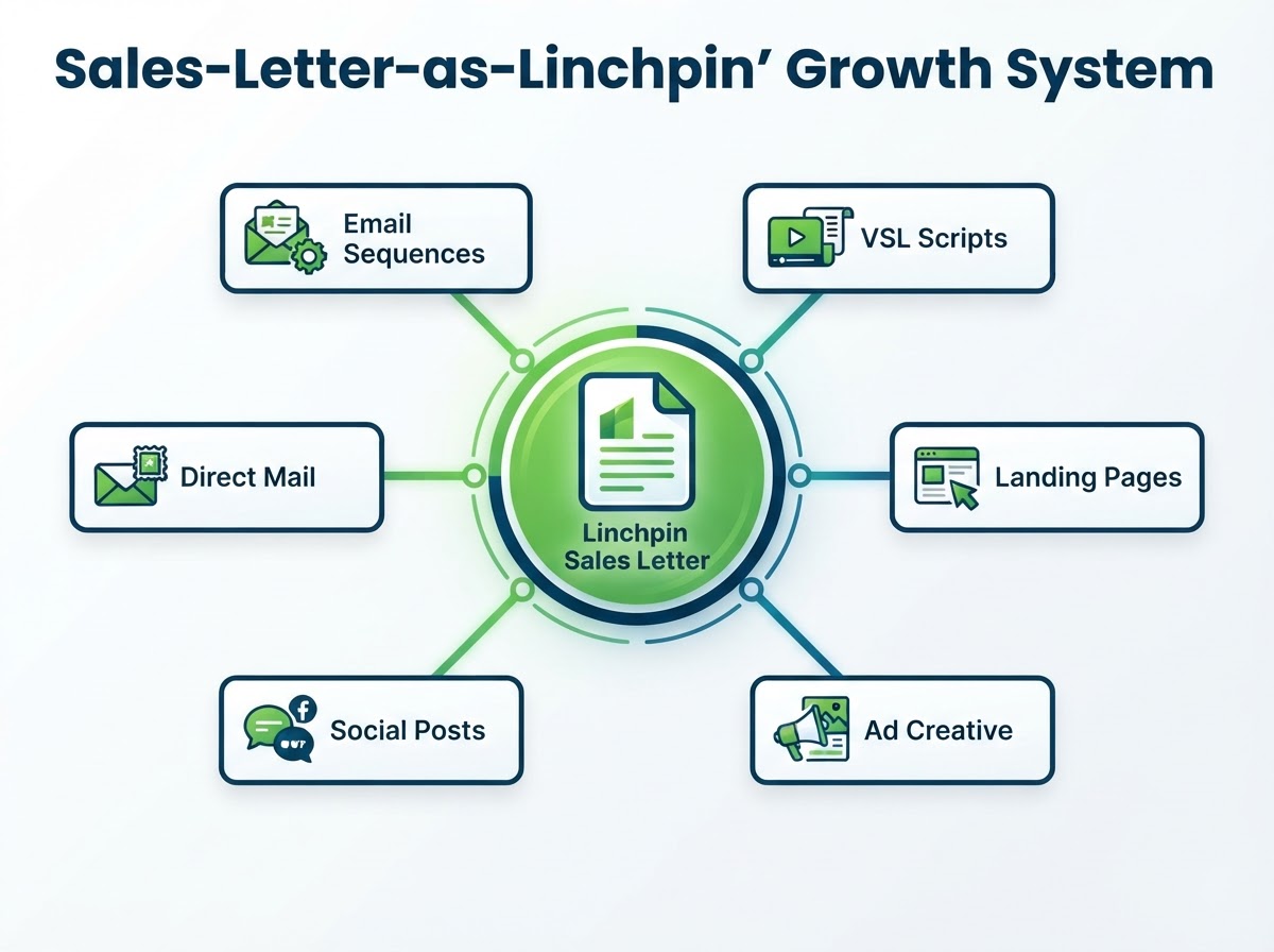 Diagram of the Sales-Letter-as-Linchpin: one central sales letter feeding 30+ multi-channel marketing assets