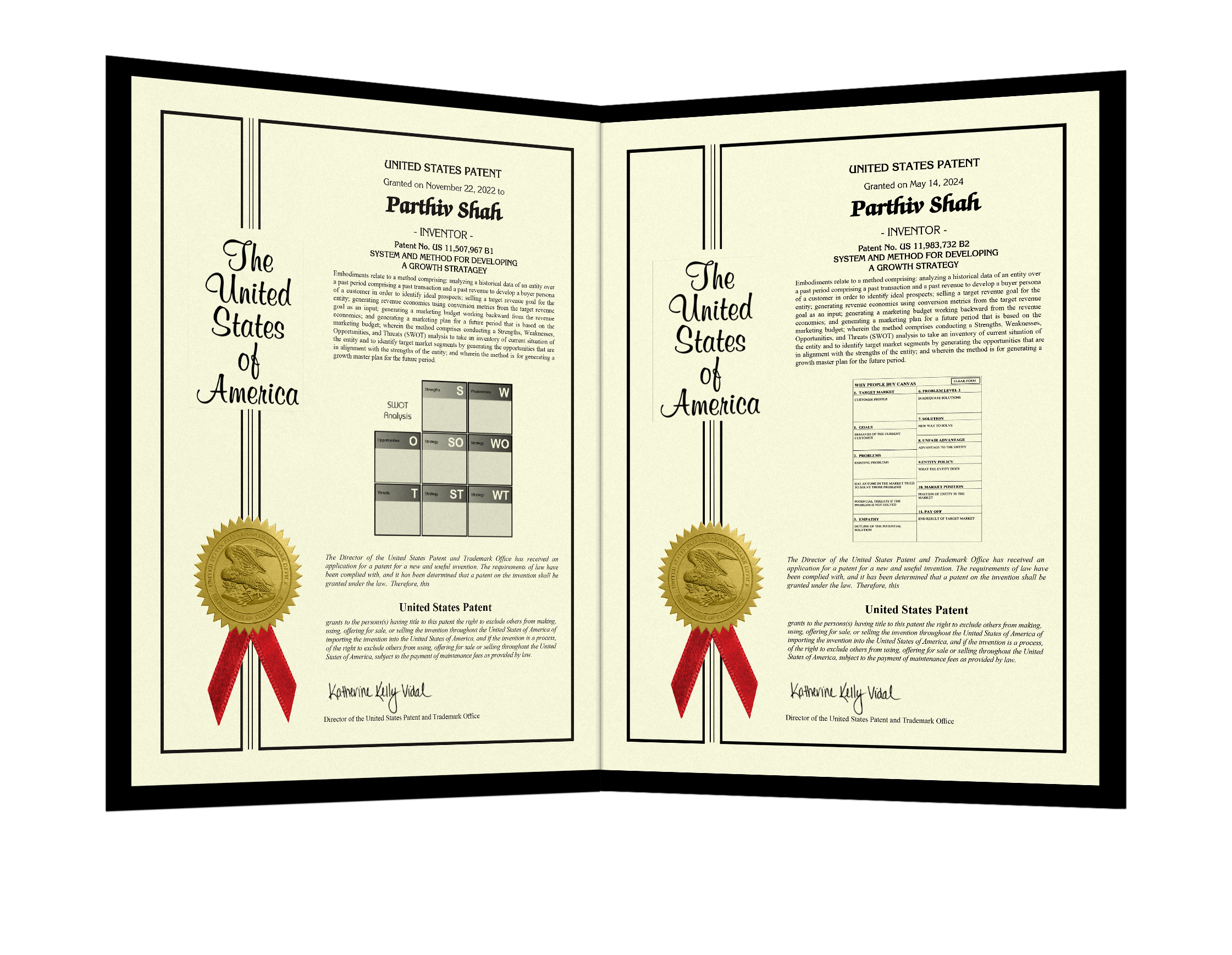 Official United States Patent certificates granted to Parthiv Shah — Patent Nos. 11,507,967 and 11,983,732