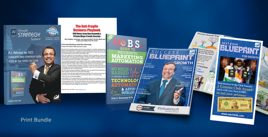 Comprehensive print bundle featuring AI Growth Strategy System binder, playbooks, No B.S. guide, and physical blueprints