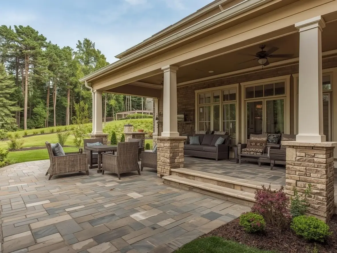 Covered patio beside a landscaped backyard.