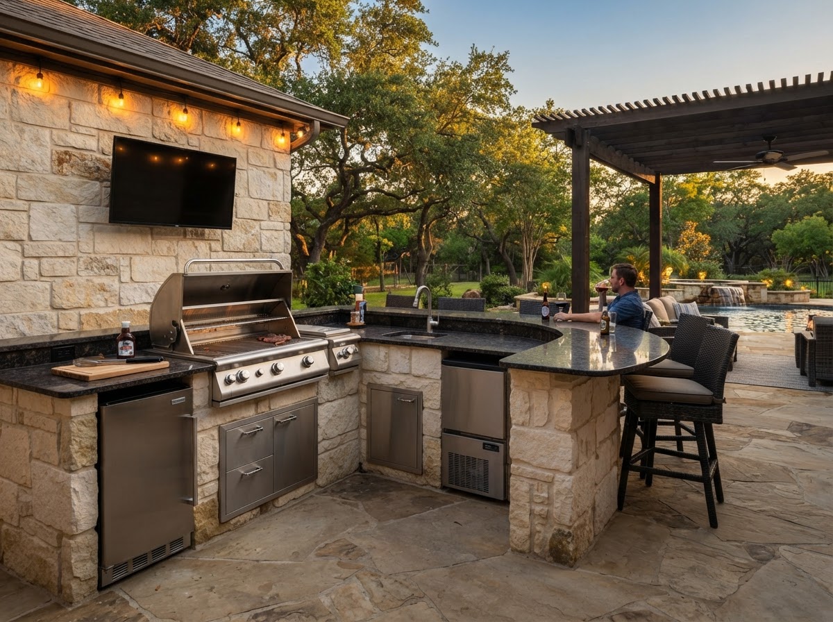 Illustrative reference photo of an outdoor kitchen, not a specific completed project.