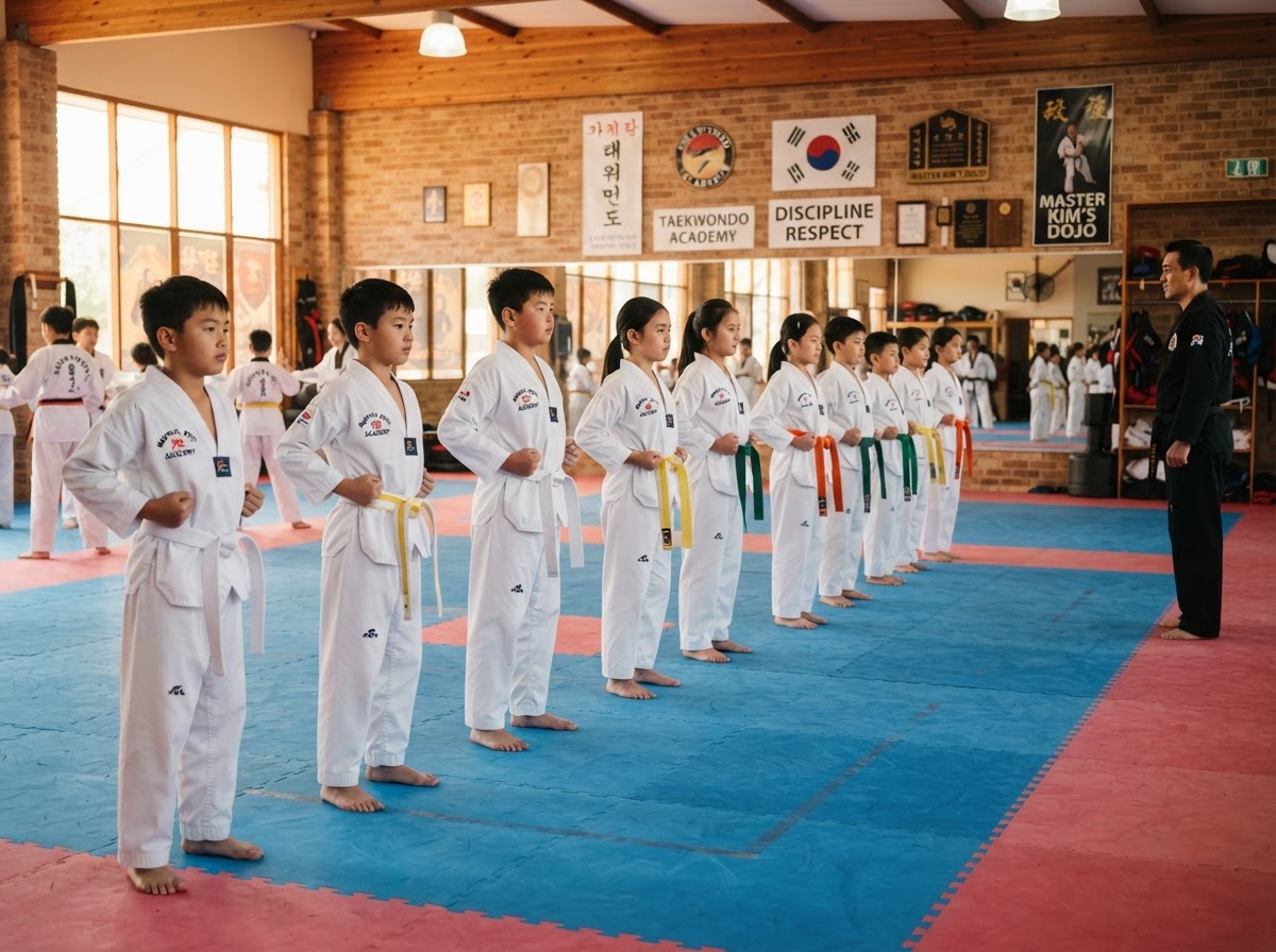 Youth students lined up in ready stance on a matted training floor