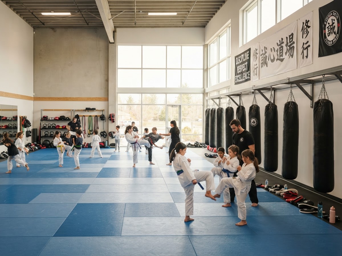 Clean modern martial arts dojo with padded training mats