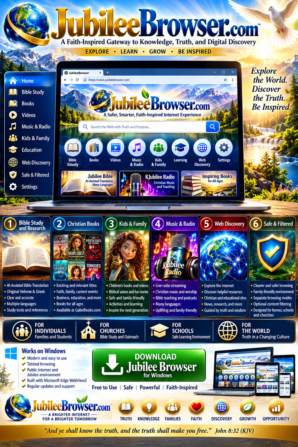 JubileeBrowser.com official promotional flyer showcasing Windows app, Bible study, and digital discovery features