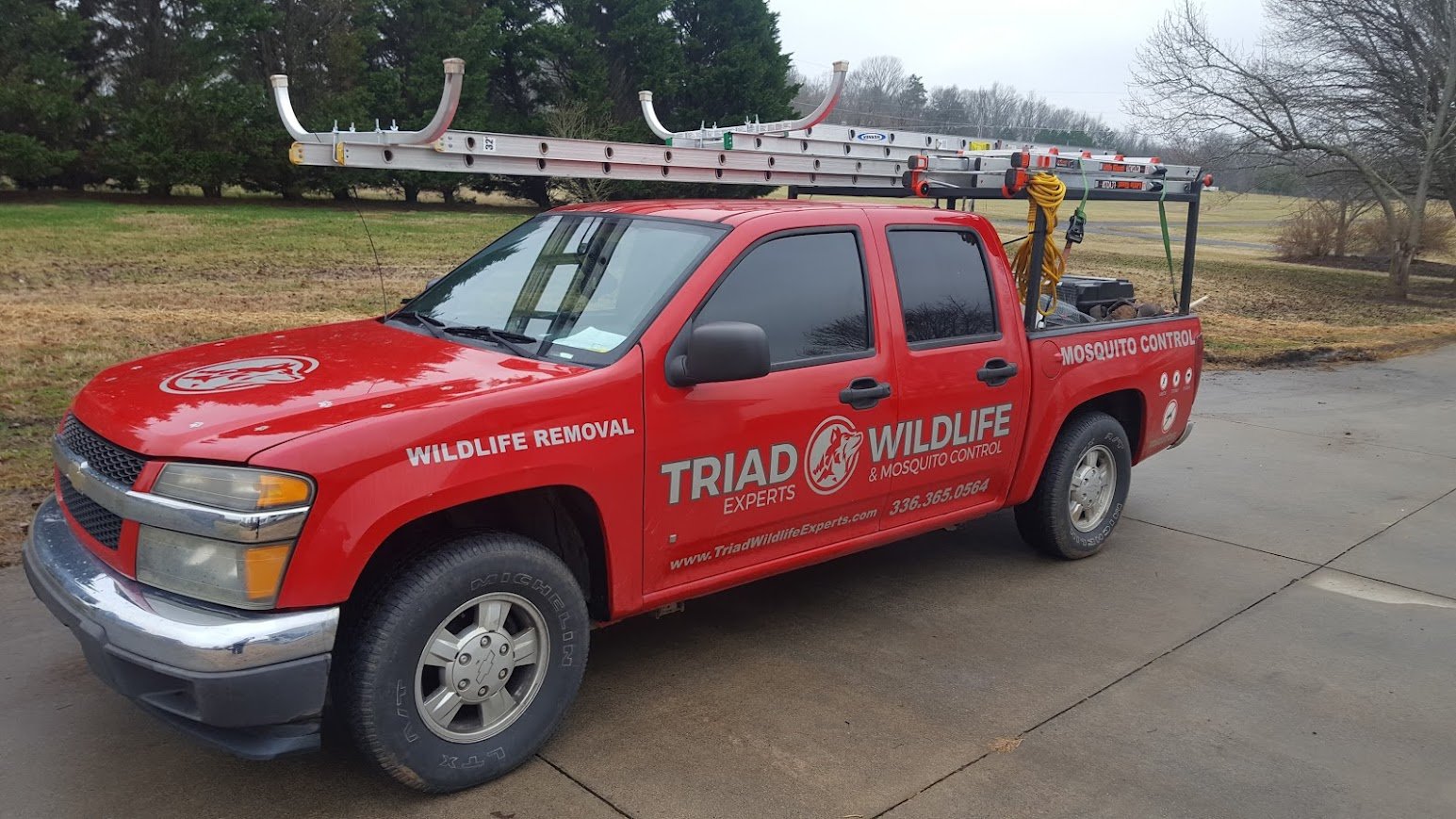 Triad Wildlife Experts branded service truck parked at a residential home