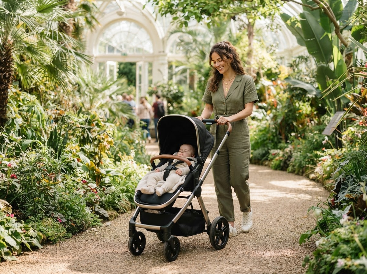Parent strolling through a peaceful green park with pre-walking baby