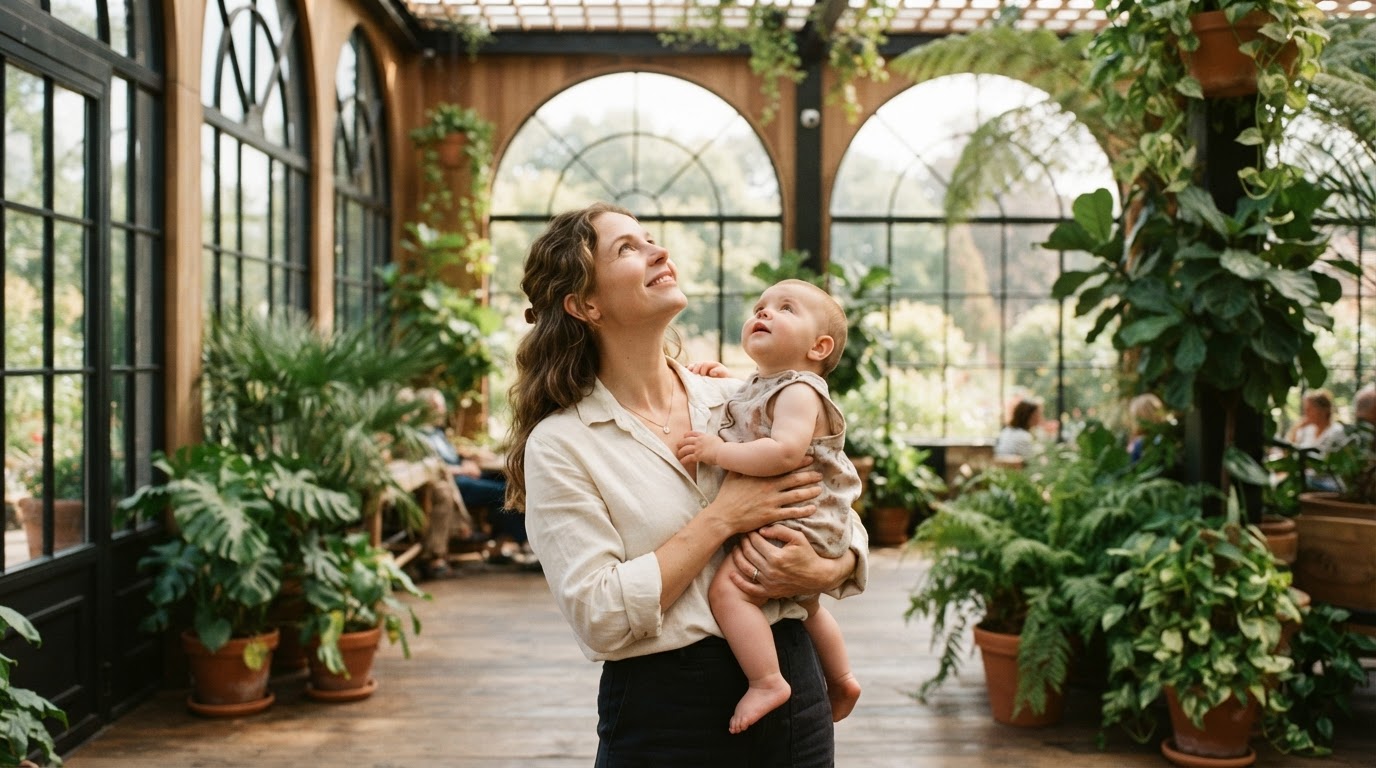 Mother holding pre-walking baby in a sunlit botanical conservatory