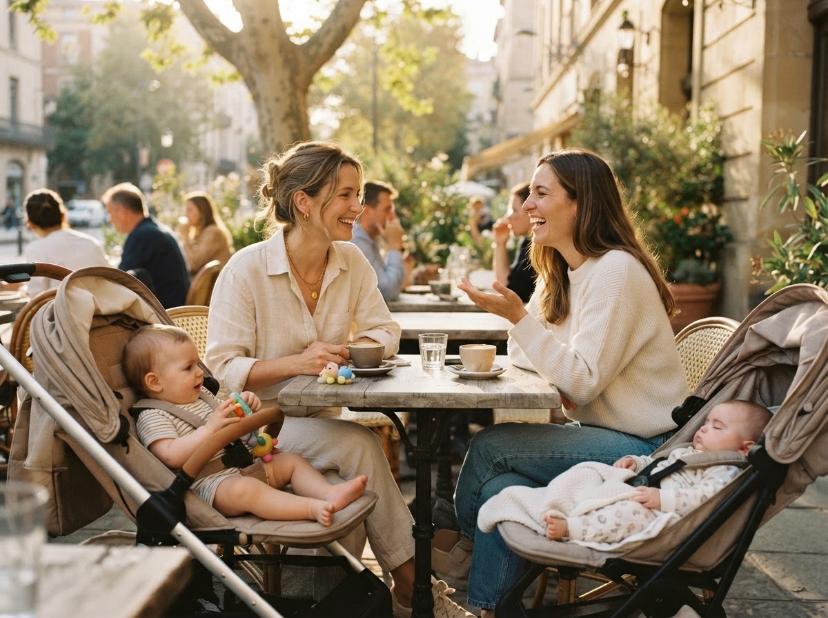 Parents with babies connecting in sunlit neighborhood cafe