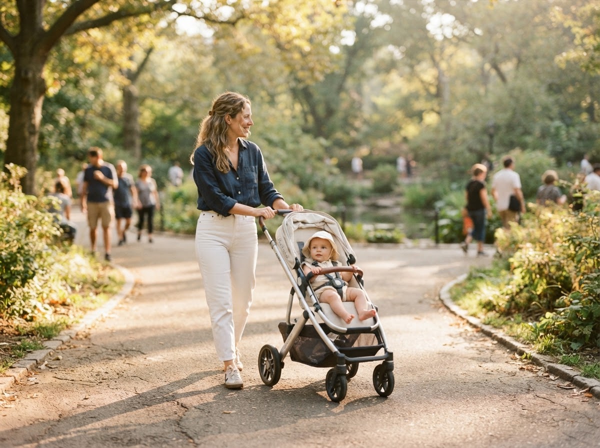 Parent strolling through sunlit Manhattan park with pre-walking baby
