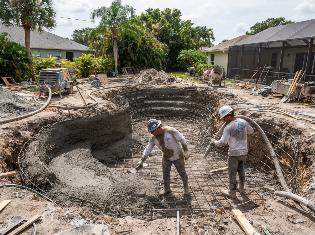 Pool construction in progress — steel and shotcrete shell by The Pool Boy