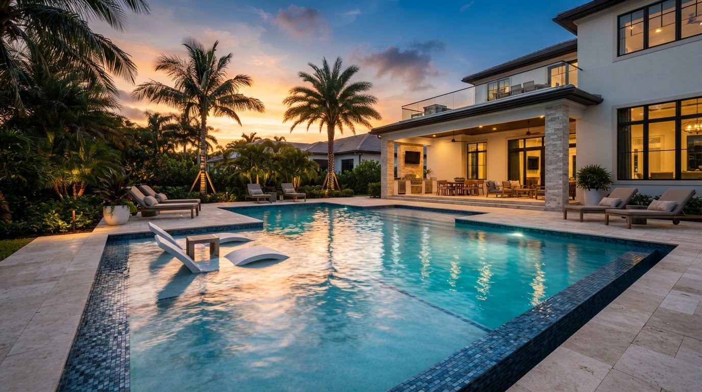 Completed Florida swimming pool built by The Pool Boy at golden hour