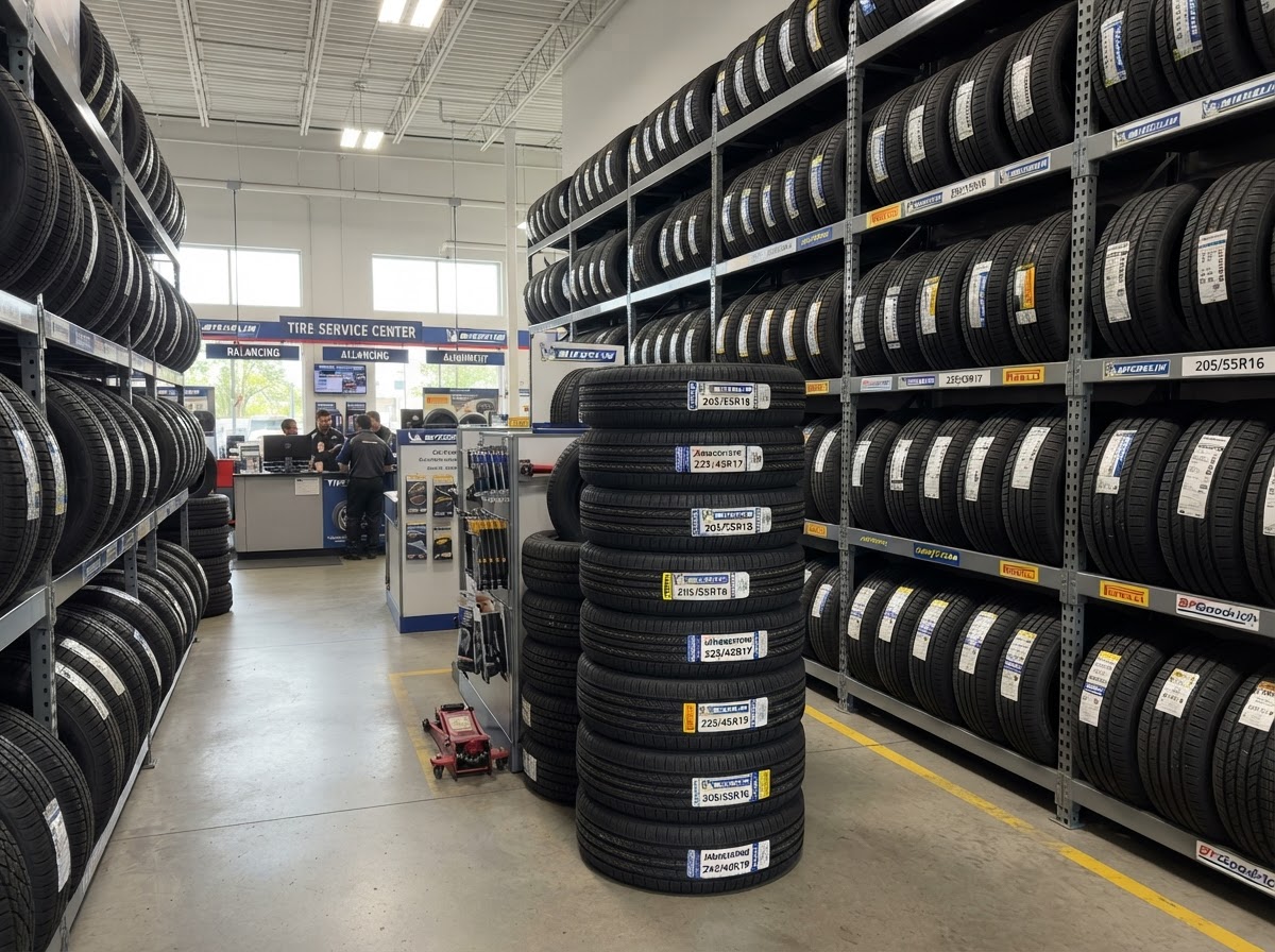 Organized rows of new tires in stock