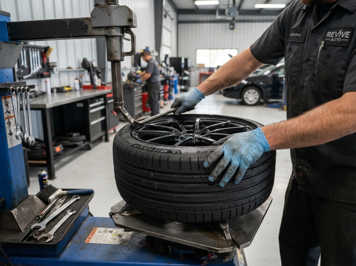 Mechanic inspecting a used tire before sale