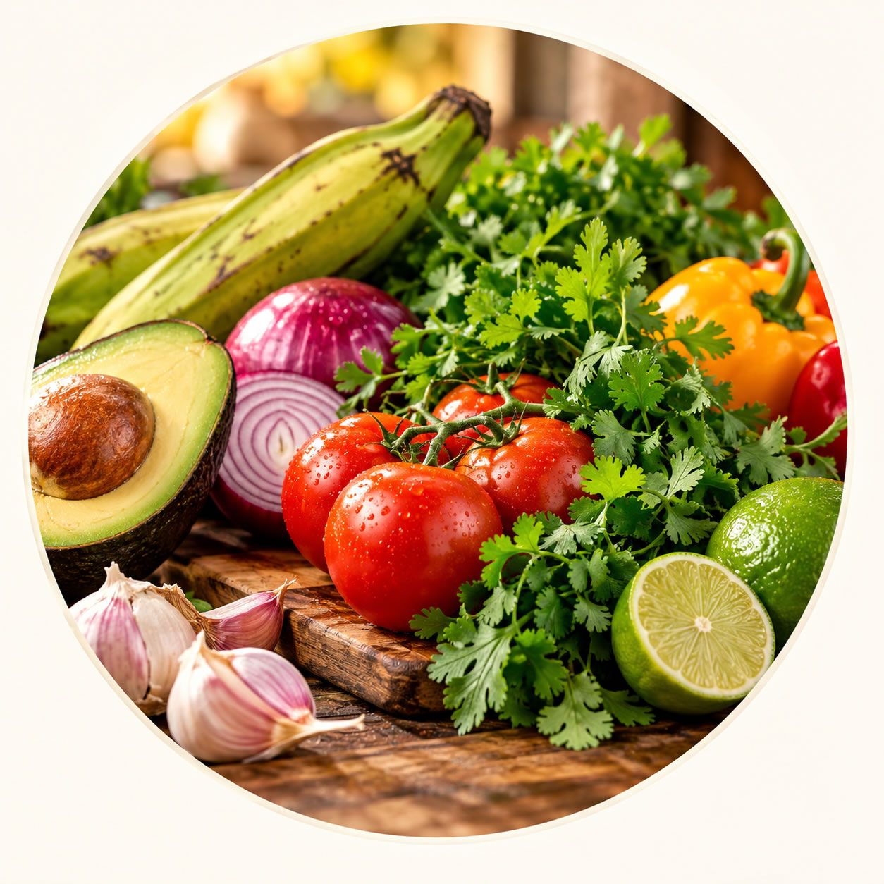 Ingredientes frescos y de calidad — plátano verde, aguacate, tomate, cilantro, cebolla y lima