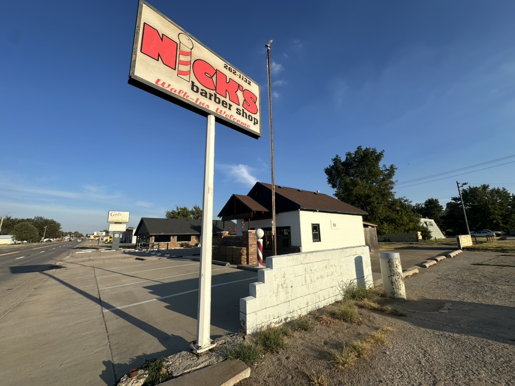 Nick's Barber Shop sign and exterior on Route 66 in El Reno, OK