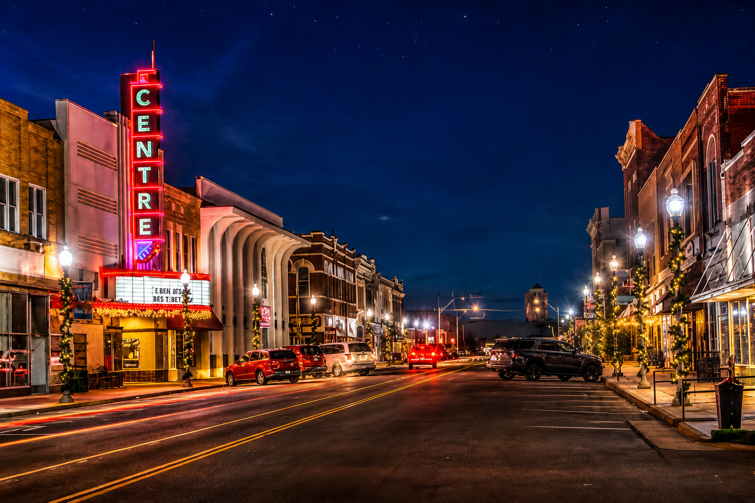Historic Centre Theatre on Route 66 in Downtown El Reno Oklahoma at night