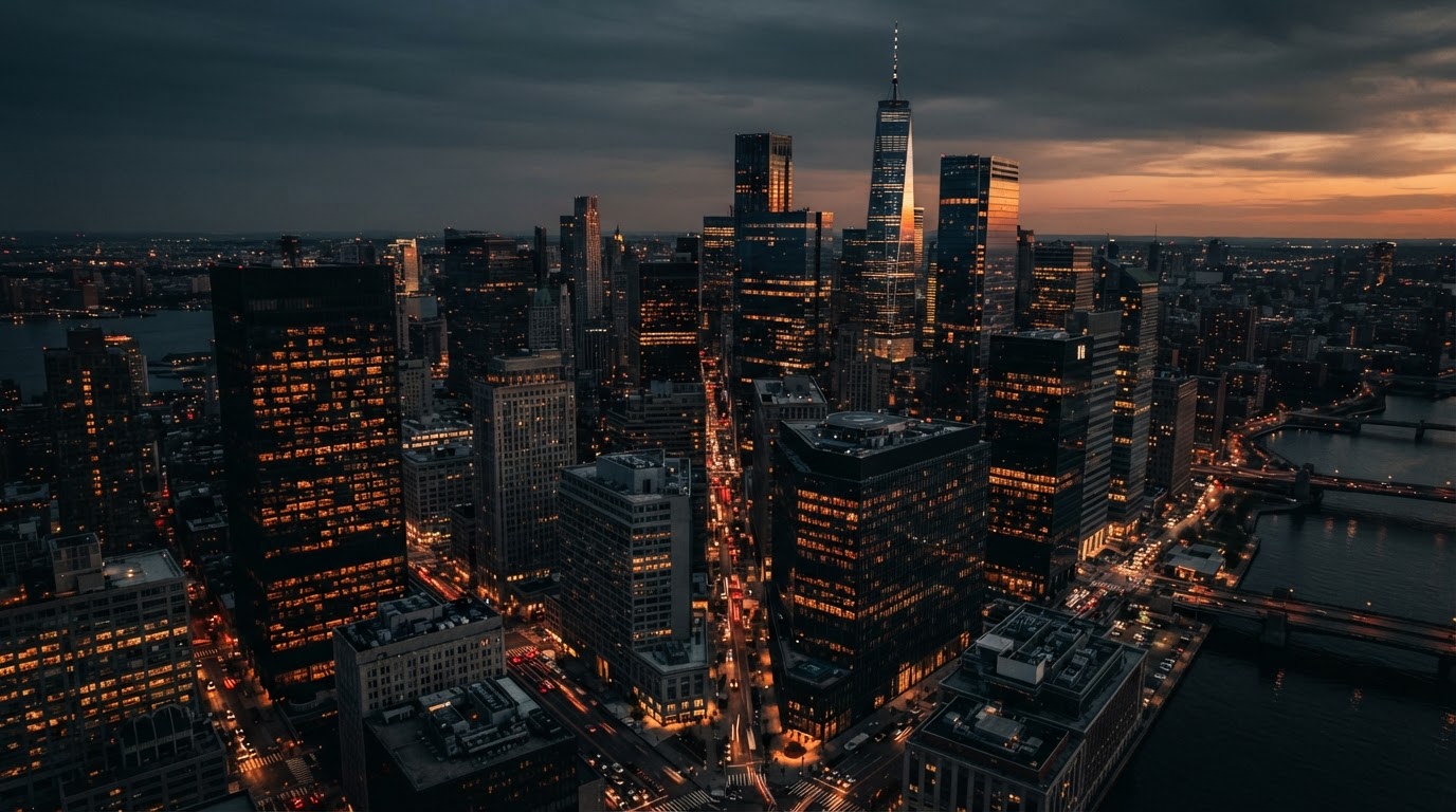 Aerial view of a commercial real estate district at dusk