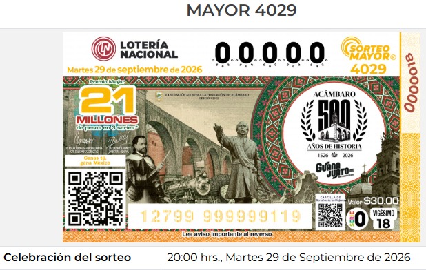 Sorteo Mayor 4029 Lotería Nacional · Martes 29 de Septiembre de 2026