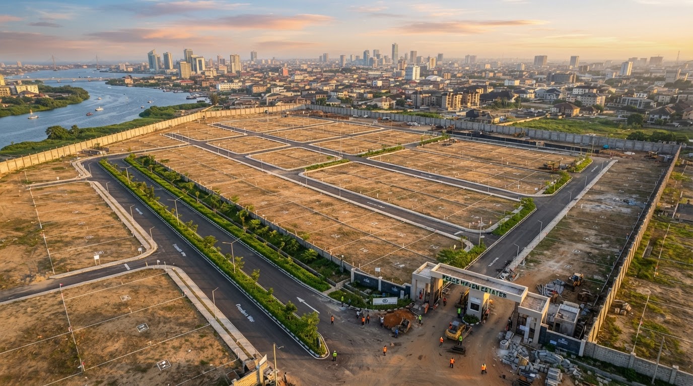 Aerial view of a planned residential land development in Lagos at golden hour