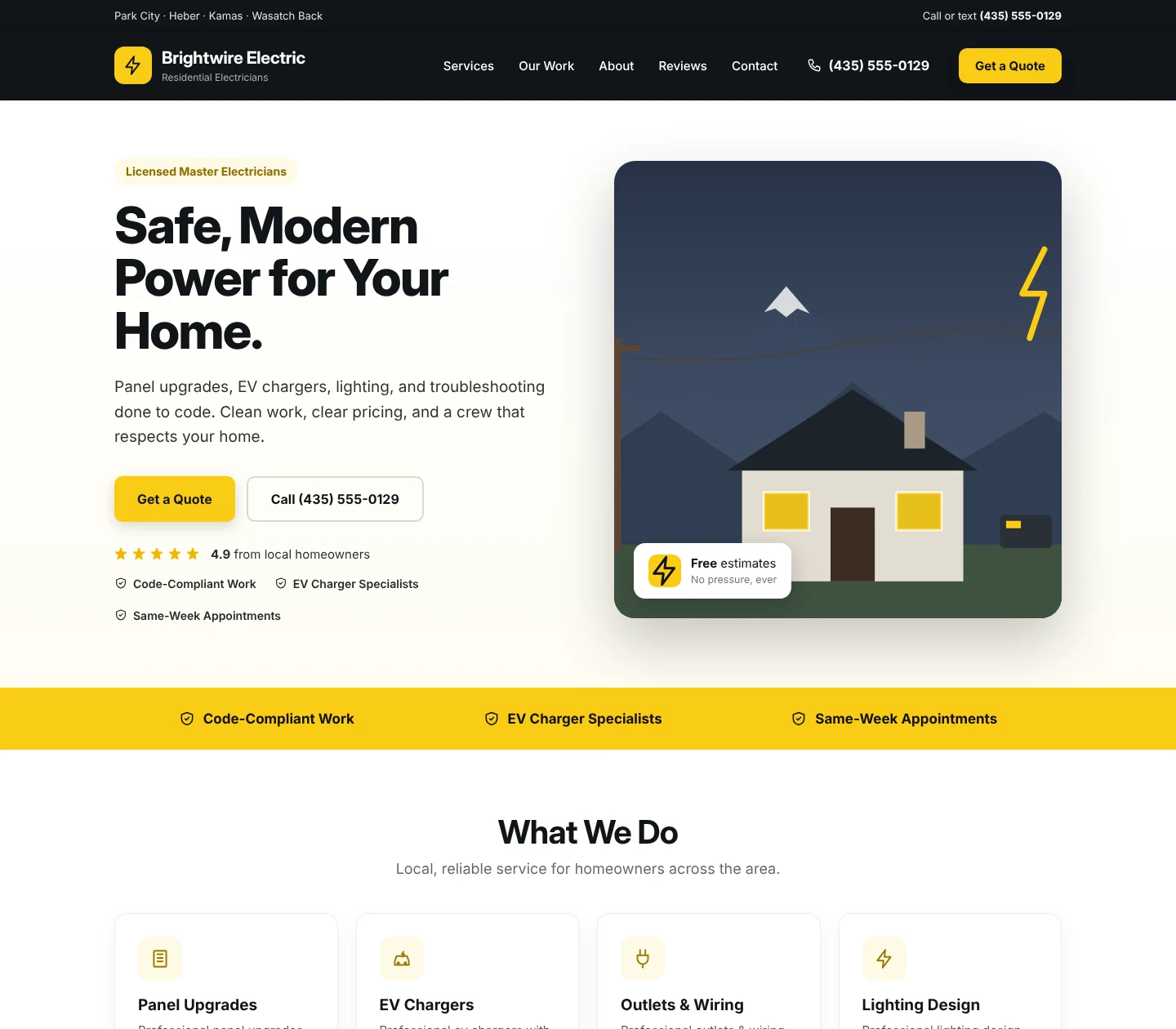 Sample electrician website homepage design
