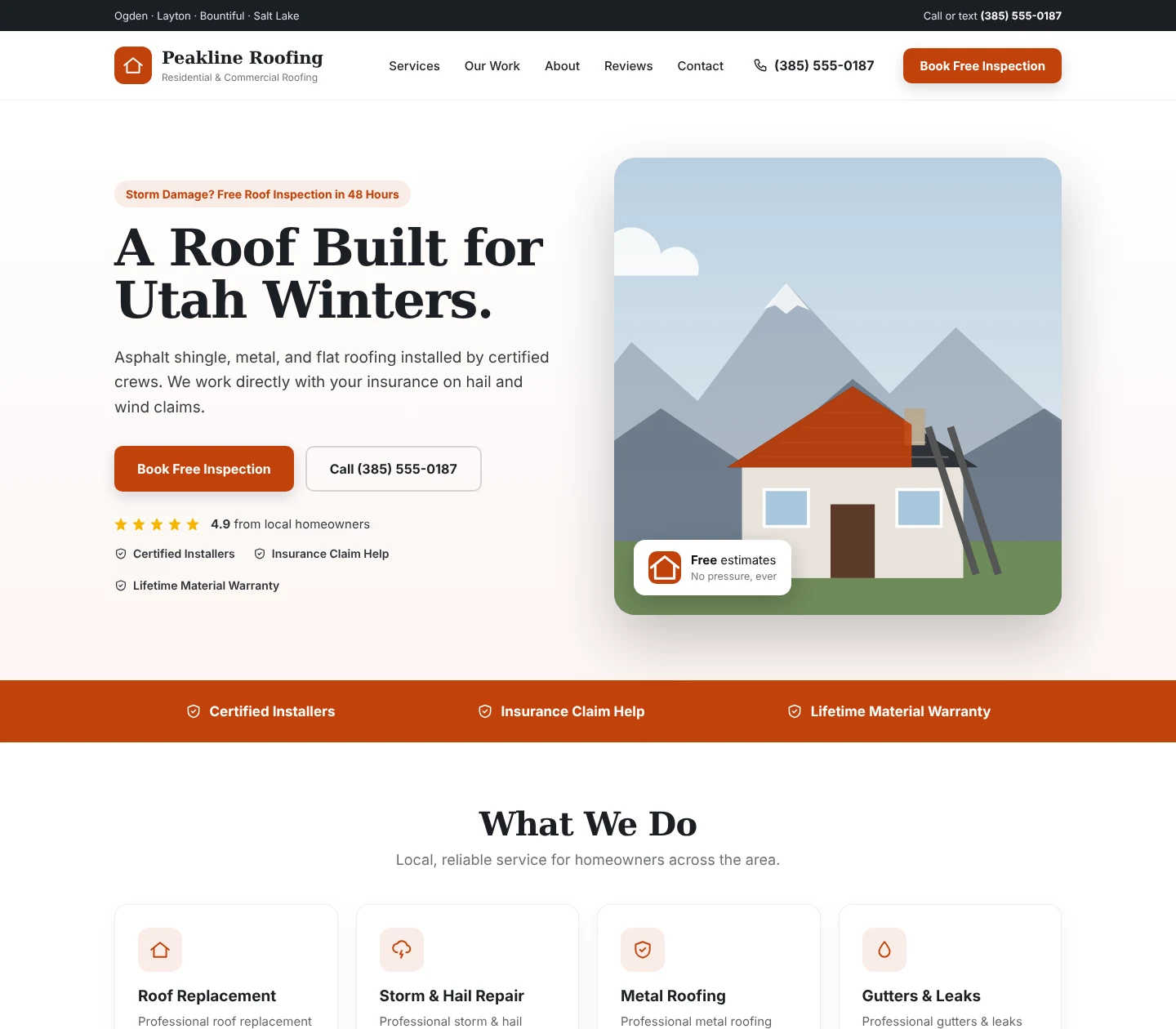 Sample roofing company website homepage design
