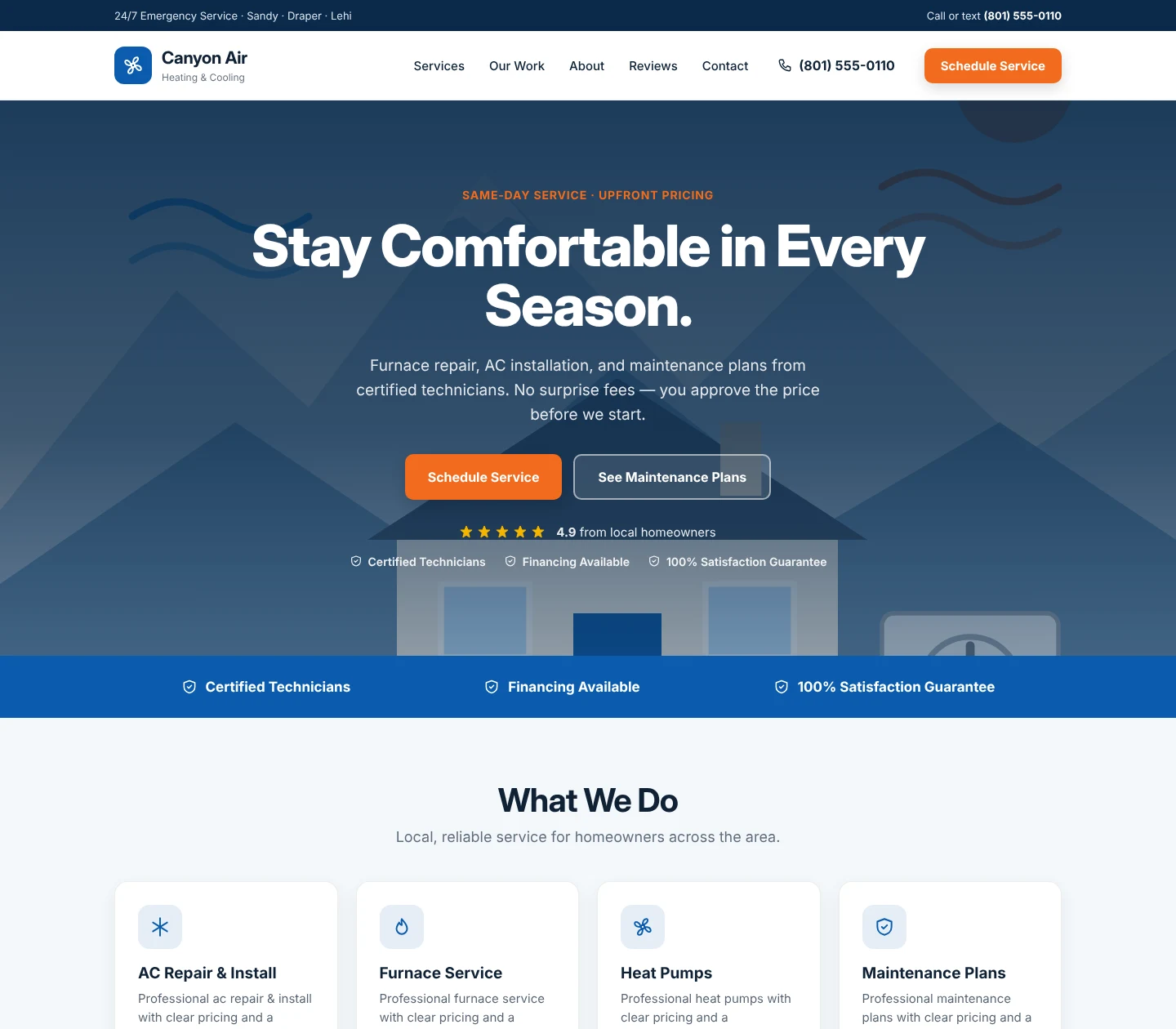 Sample HVAC heating and cooling website homepage design