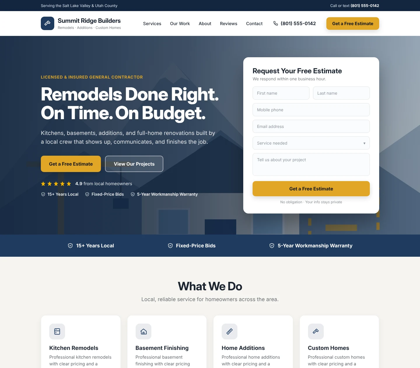 Sample general contractor website homepage design
