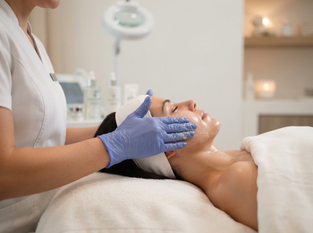 An aesthetician's hands applying a skincare treatment product to a client's cheek in a clean modern aesthetics studio