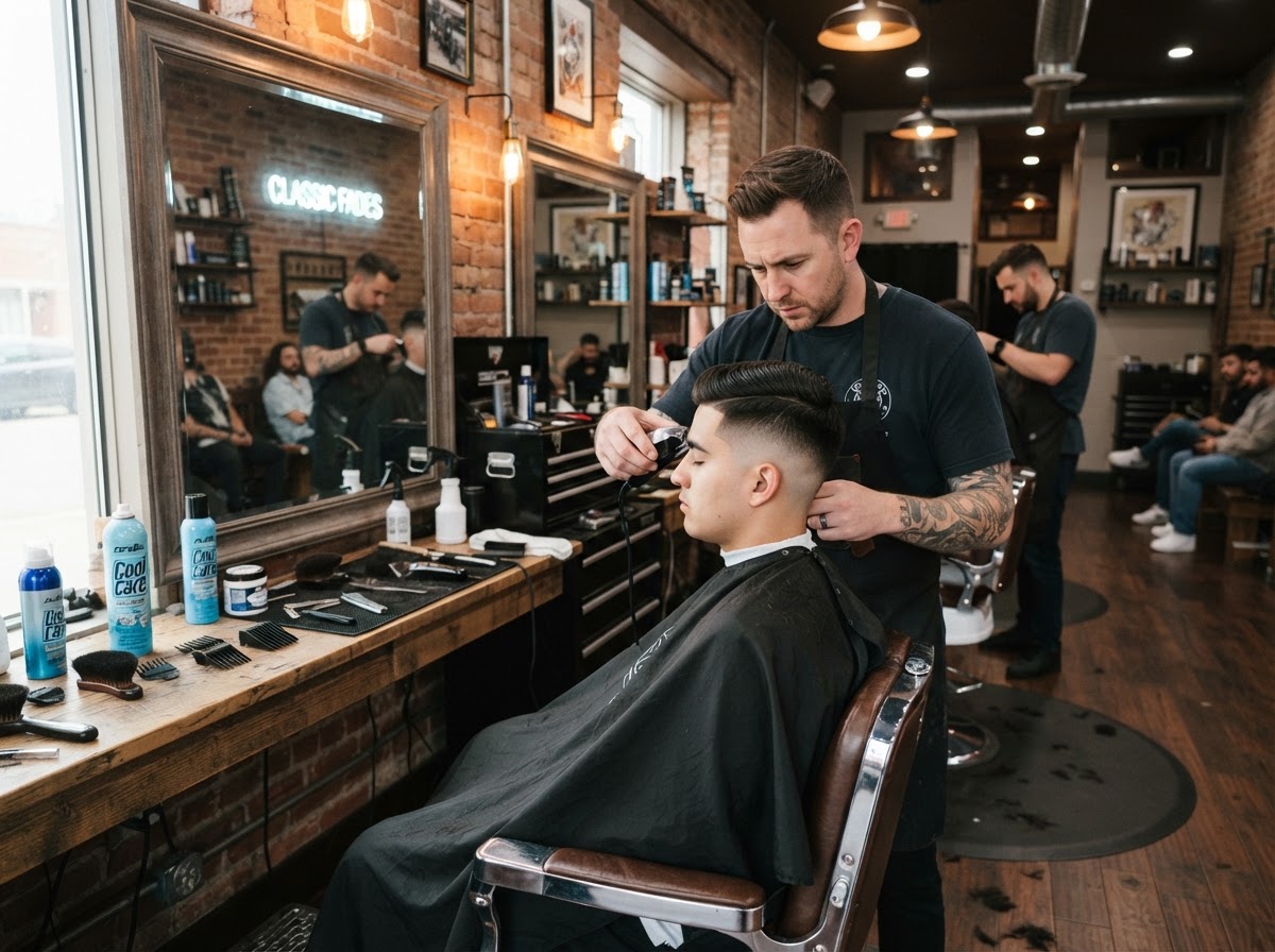 A barber giving a client a fresh skin fade haircut in a classic modern barbershop
