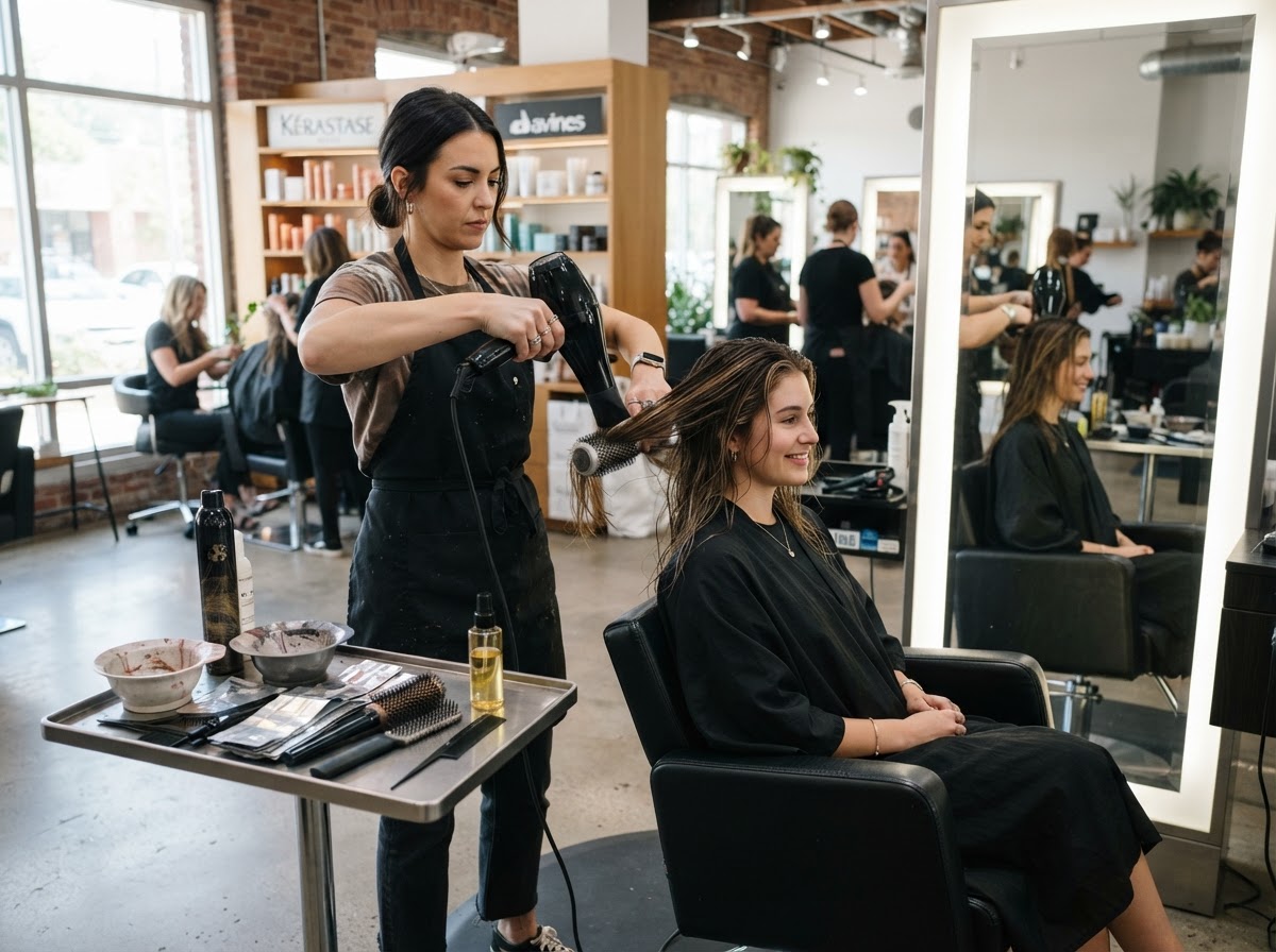 A professional hair stylist blow-drying a client's hair behind the chair in a bright modern salon