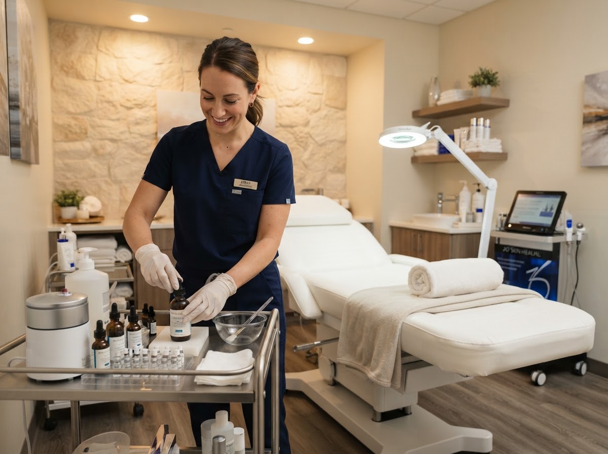 An aesthetician preparing a facial treatment in a clean modern med spa treatment room