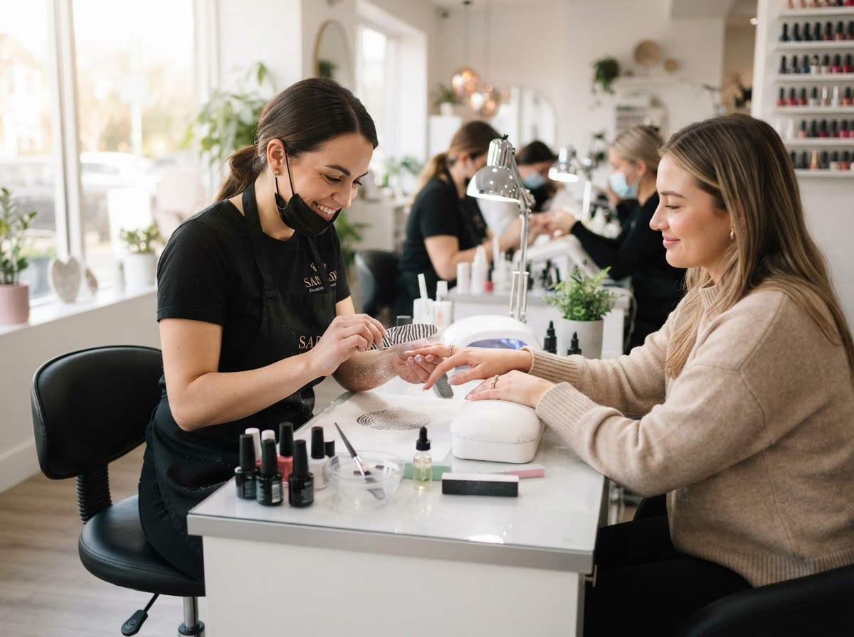 A professional nail technician filing a client's nails at a clean manicure station in a bright nail salon