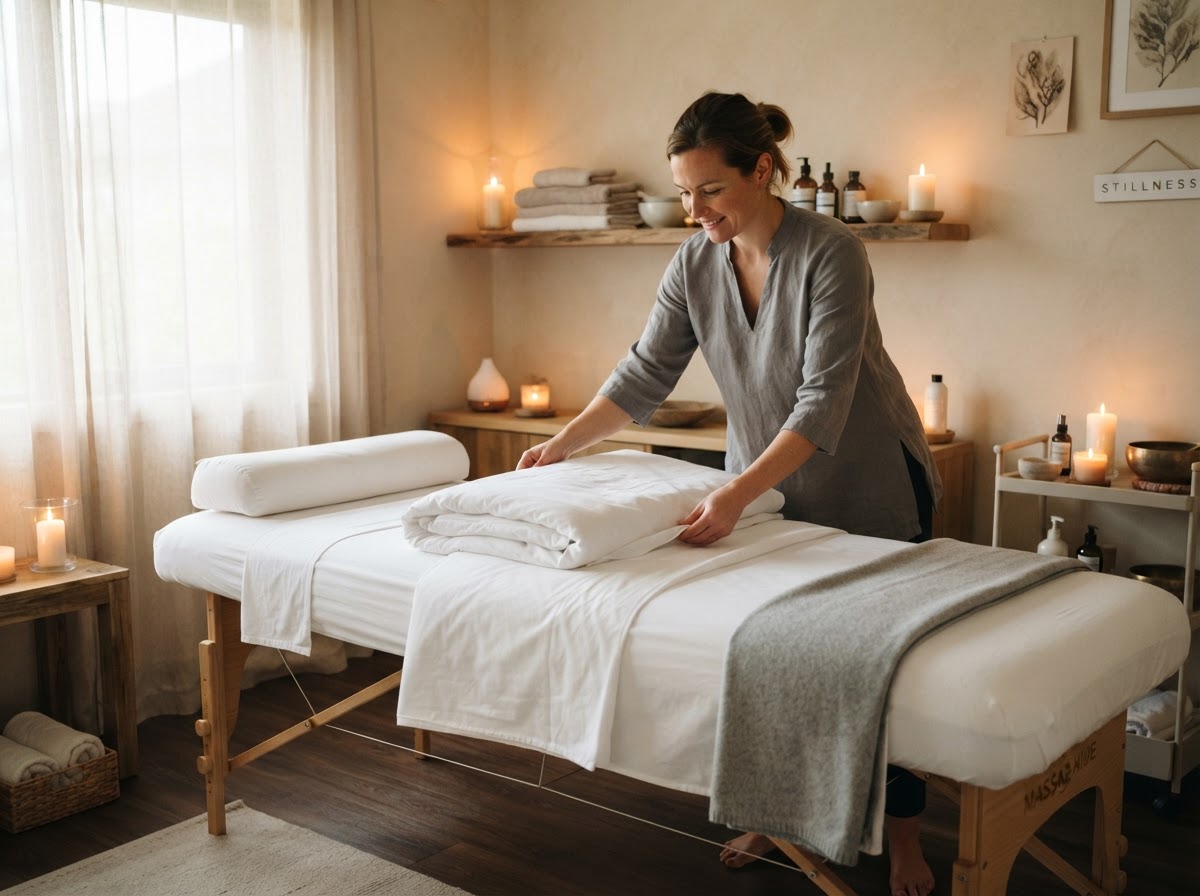 A massage therapist arranging fresh linens on a massage table in a calm, clean treatment room