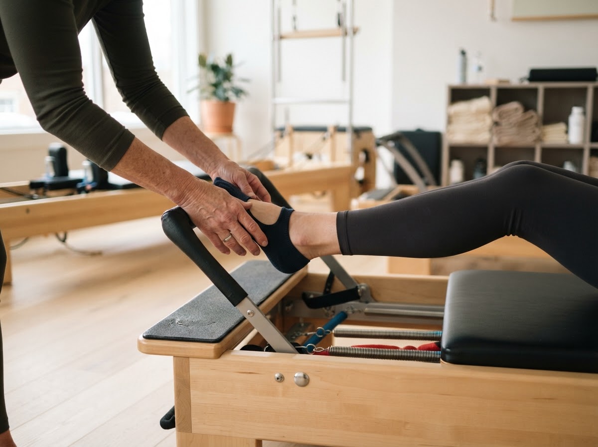 A Pilates instructor's hands adjusting a client's foot positioning on a reformer machine in a bright modern Pilates studio