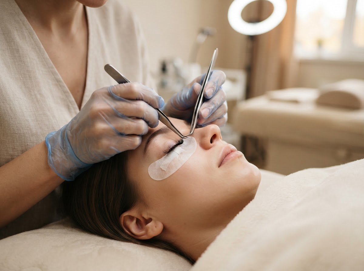 A lash and brow artist's hands applying lash extensions to a client's eye area with fine tweezers in a clean modern beauty studio