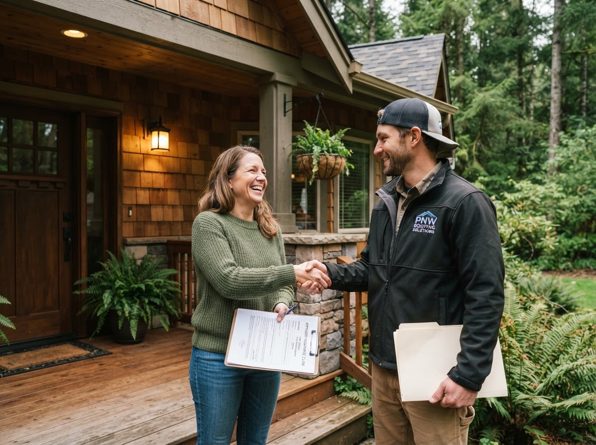Relieved Shoreline homeowner reviewing insurance claim documents with roofer on front porch