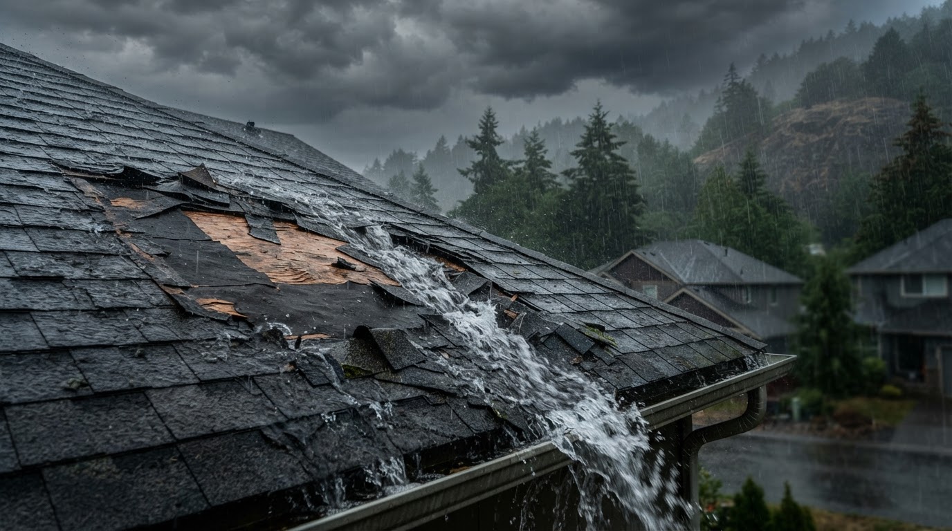 Heavy rain pouring over a damaged residential roof during a Pacific Northwest storm